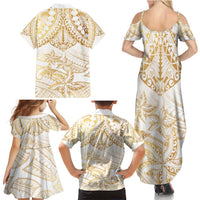 White and Gold Polynesia Family Matching Summer Maxi Dress and Hawaiian Shirt Plumeria Tattoo With Polynesian Pattern LT14 - Polynesian Pride