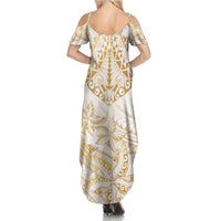 White and Gold Polynesia Family Matching Summer Maxi Dress and Hawaiian Shirt Plumeria Tattoo With Polynesian Pattern LT14 - Polynesian Pride