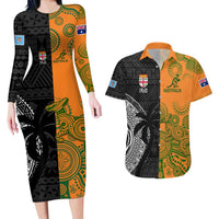 Custom Fiji And Australia Rugby Couples Matching Long Sleeve Bodycon Dress and Hawaiian Shirt Fijian Tapa Pattern With Aussie Aboriginal Art LT14 Black - Polynesian Pride