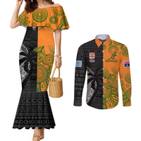 Custom Fiji And Australia Rugby Couples Matching Mermaid Dress and Long Sleeve Button Shirt Fijian Tapa Pattern With Aussie Aboriginal Art LT14 Black - Polynesian Pride