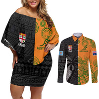 Custom Fiji And Australia Rugby Couples Matching Off Shoulder Short Dress and Long Sleeve Button Shirt Fijian Tapa Pattern With Aussie Aboriginal Art LT14 Black - Polynesian Pride