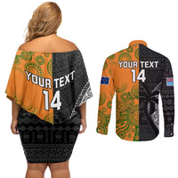 Custom Fiji And Australia Rugby Couples Matching Off Shoulder Short Dress and Long Sleeve Button Shirt Fijian Tapa Pattern With Aussie Aboriginal Art LT14 - Polynesian Pride