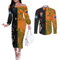 Custom Fiji And Australia Rugby Couples Matching Off The Shoulder Long Sleeve Dress and Long Sleeve Button Shirt Fijian Tapa Pattern With Aussie Aboriginal Art LT14 Black - Polynesian Pride