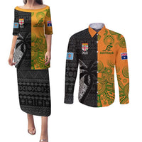 Custom Fiji And Australia Rugby Couples Matching Puletasi and Long Sleeve Button Shirt Fijian Tapa Pattern With Aussie Aboriginal Art LT14 Black - Polynesian Pride