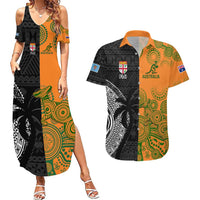 Custom Fiji And Australia Rugby Couples Matching Summer Maxi Dress and Hawaiian Shirt Fijian Tapa Pattern With Aussie Aboriginal Art LT14 Black - Polynesian Pride