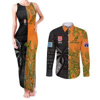 Custom Fiji And Australia Rugby Couples Matching Tank Maxi Dress and Long Sleeve Button Shirt Fijian Tapa Pattern With Aussie Aboriginal Art LT14 Black - Polynesian Pride
