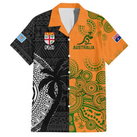 Custom Fiji And Australia Rugby Family Matching Off The Shoulder Long Sleeve Dress and Hawaiian Shirt Fijian Tapa Pattern With Aussie Aboriginal Art LT14 Dad's Shirt - Short Sleeve Black - Polynesian Pride