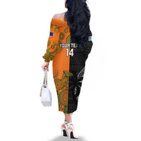 Custom Fiji And Australia Rugby Family Matching Off The Shoulder Long Sleeve Dress and Hawaiian Shirt Fijian Tapa Pattern With Aussie Aboriginal Art LT14 - Polynesian Pride