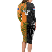 Custom Fiji And Australia Rugby Long Sleeve Bodycon Dress Fijian Tapa Pattern With Aussie Aboriginal Art LT14 - Polynesian Pride