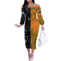Custom Fiji And Australia Rugby Off The Shoulder Long Sleeve Dress Fijian Tapa Pattern With Aussie Aboriginal Art LT14 Women Black - Polynesian Pride