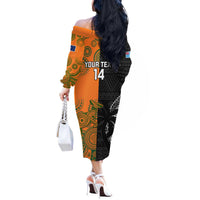 Custom Fiji And Australia Rugby Off The Shoulder Long Sleeve Dress Fijian Tapa Pattern With Aussie Aboriginal Art LT14 - Polynesian Pride