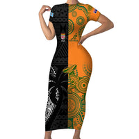 Custom Fiji And Australia Rugby Short Sleeve Bodycon Dress Fijian Tapa Pattern With Aussie Aboriginal Art LT14 Long Dress Black - Polynesian Pride