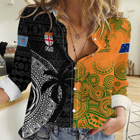 Custom Fiji And Australia Rugby Women Casual Shirt Fijian Tapa Pattern With Aussie Aboriginal Art LT14 Female Black - Polynesian Pride
