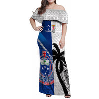 Fiji And Samoa Rugby Family Matching Off Shoulder Maxi Dress and Hawaiian Shirt 2023 World Cup Samoan Mix Tapa Pattern LT14 Mom's Dress Blue - Polynesian Pride