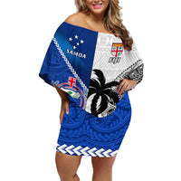 Fiji And Samoa Rugby Family Matching Off Shoulder Short Dress and Hawaiian Shirt 2023 World Cup Samoan Mix Tapa Pattern LT14 Mom's Dress Blue - Polynesian Pride