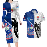 Custom Fiji And Samoa Rugby Couples Matching Long Sleeve Bodycon Dress and Hawaiian Shirt 2023 World Cup Samoan Mix Tapa Pattern LT14 Blue - Polynesian Pride