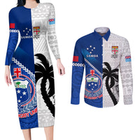Custom Fiji And Samoa Rugby Couples Matching Long Sleeve Bodycon Dress and Long Sleeve Button Shirts 2023 World Cup Samoan Mix Tapa Pattern LT14 Blue - Polynesian Pride
