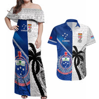 Custom Fiji And Samoa Rugby Couples Matching Off Shoulder Maxi Dress and Hawaiian Shirt 2023 World Cup Samoan Mix Tapa Pattern LT14 Blue - Polynesian Pride