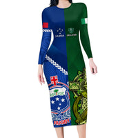 Samoa And Ireland Rugby Family Matching Long Sleeve Bodycon Dress and Hawaiian Shirt 2023 World Cup Manu Samoa With Shamrocks LT14 Mom's Dress Blue - Polynesian Pride