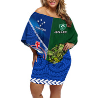 Samoa And Ireland Rugby Family Matching Off Shoulder Short Dress and Hawaiian Shirt 2023 World Cup Manu Samoa With Shamrocks LT14 Mom's Dress Blue - Polynesian Pride