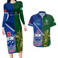 Custom Samoa And Ireland Rugby Couples Matching Long Sleeve Bodycon Dress and Hawaiian Shirt 2023 World Cup Manu Samoa With Shamrocks LT14 Blue - Polynesian Pride