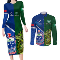 Custom Samoa And Ireland Rugby Couples Matching Long Sleeve Bodycon Dress and Long Sleeve Button Shirts 2023 World Cup Manu Samoa With Shamrocks LT14 Blue - Polynesian Pride