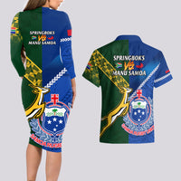Samoa And South Africa Rugby Couples Matching Long Sleeve Bodycon Dress and Hawaiian Shirt 2023 World Cup Manu Samoa With Springboks LT14 - Polynesian Pride