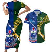 Samoa And South Africa Rugby Couples Matching Short Sleeve Bodycon Dress and Hawaiian Shirt 2023 World Cup Manu Samoa With Springboks LT14 Blue - Polynesian Pride
