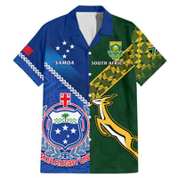 Samoa And South Africa Rugby Family Matching Mermaid Dress and Hawaiian Shirt 2023 World Cup Manu Samoa With Springboks LT14 Dad's Shirt - Short Sleeve Blue - Polynesian Pride