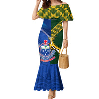 Samoa And South Africa Rugby Family Matching Mermaid Dress and Hawaiian Shirt 2023 World Cup Manu Samoa With Springboks LT14 Mom's Dress Blue - Polynesian Pride