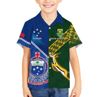 Samoa And South Africa Rugby Family Matching Short Sleeve Bodycon Dress and Hawaiian Shirt 2023 World Cup Manu Samoa With Springboks LT14 Son's Shirt Blue - Polynesian Pride