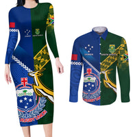 Custom Samoa And South Africa Rugby Couples Matching Long Sleeve Bodycon Dress and Long Sleeve Button Shirts 2023 World Cup Manu Samoa With Springboks LT14 Blue - Polynesian Pride