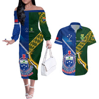 Custom Samoa And South Africa Rugby Couples Matching Off The Shoulder Long Sleeve Dress and Hawaiian Shirt 2023 World Cup Manu Samoa With Springboks LT14 Blue - Polynesian Pride