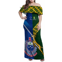 Custom Samoa And South Africa Rugby Family Matching Off Shoulder Maxi Dress and Hawaiian Shirt 2023 World Cup Manu Samoa With Springboks LT14 Mom's Dress Blue - Polynesian Pride