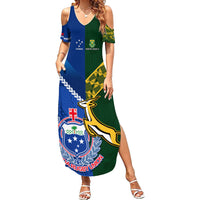 Custom Samoa And South Africa Rugby Family Matching Summer Maxi Dress and Hawaiian Shirt 2023 World Cup Manu Samoa With Springboks LT14 Mom's Dress Blue - Polynesian Pride