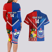 Custom Samoa And Tonga Rugby Couples Matching Long Sleeve Bodycon Dress and Hawaiian Shirt 2023 World Cup Manu Samoa With Ikale Tahi LT14 - Polynesian Pride