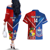 Custom Samoa And Tonga Rugby Couples Matching Off The Shoulder Long Sleeve Dress and Hawaiian Shirt 2023 World Cup Manu Samoa With Ikale Tahi LT14 - Polynesian Pride