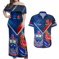 Samoa And France Rugby Couples Matching Off Shoulder Maxi Dress and Hawaiian Shirt 2023 World Cup Manu Samoa With Les Bleus LT14 Blue - Polynesian Pride