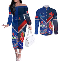 Samoa And France Rugby Couples Matching Off The Shoulder Long Sleeve Dress and Long Sleeve Button Shirts 2023 World Cup Manu Samoa With Les Bleus LT14 Blue - Polynesian Pride