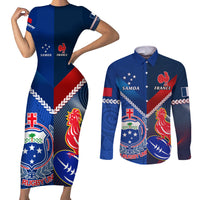 Samoa And France Rugby Couples Matching Short Sleeve Bodycon Dress and Long Sleeve Button Shirts 2023 World Cup Manu Samoa With Les Bleus LT14 Blue - Polynesian Pride