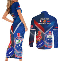 Samoa And France Rugby Couples Matching Short Sleeve Bodycon Dress and Long Sleeve Button Shirts 2023 World Cup Manu Samoa With Les Bleus LT14 - Polynesian Pride