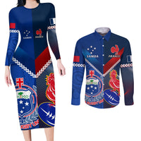 Custom Samoa And France Rugby Couples Matching Long Sleeve Bodycon Dress and Long Sleeve Button Shirts 2023 World Cup Manu Samoa With Les Bleus LT14 Blue - Polynesian Pride