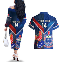 Custom Samoa And France Rugby Couples Matching Off The Shoulder Long Sleeve Dress and Hawaiian Shirt 2023 World Cup Manu Samoa With Les Bleus LT14 - Polynesian Pride