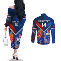 Custom Samoa And France Rugby Couples Matching Off The Shoulder Long Sleeve Dress and Long Sleeve Button Shirts 2023 World Cup Manu Samoa With Les Bleus LT14 - Polynesian Pride