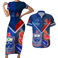 Custom Samoa And France Rugby Couples Matching Short Sleeve Bodycon Dress and Hawaiian Shirt 2023 World Cup Manu Samoa With Les Bleus LT14 Blue - Polynesian Pride