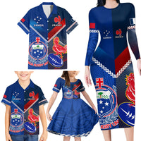 Custom Samoa And France Rugby Family Matching Long Sleeve Bodycon Dress and Hawaiian Shirt 2023 World Cup Manu Samoa With Les Bleus LT14 - Polynesian Pride