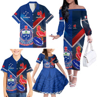 Custom Samoa And France Rugby Family Matching Off Shoulder Long Sleeve Dress and Hawaiian Shirt 2023 World Cup Manu Samoa With Les Bleus LT14 - Polynesian Pride
