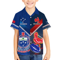 Custom Samoa And France Rugby Family Matching Off Shoulder Short Dress and Hawaiian Shirt 2023 World Cup Manu Samoa With Les Bleus LT14 Son's Shirt Blue - Polynesian Pride
