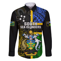 Personalised South Sea Islanders Family Matching Off Shoulder Short Dress and Hawaiian Shirt Kanakas With Solomon Islands Coat Of Arms LT14 Dad's Shirt - Long Sleeve Black - Polynesian Pride