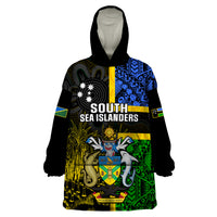 Personalised South Sea Islanders Wearable Blanket Hoodie Kanakas With Solomon Islands Coat Of Arms LT14 One Size Black - Polynesian Pride